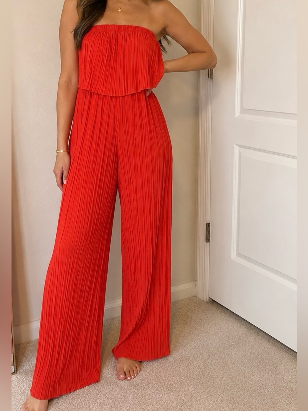 Strapless Pleated Wide-Leg Jumpsuit - orange